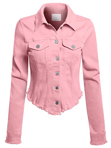 Design by Olivia Women's Long Sleeve Cropped Raw Denim Jean Jacket Pink (6 Button) S