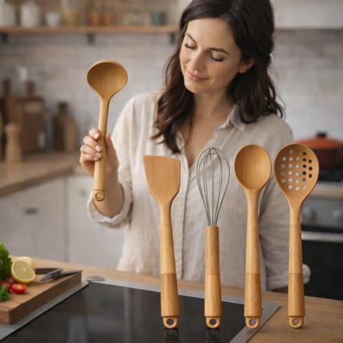 Silikon Mutfak Pişirme Gereçleri Seti, 5 Parça Yapışmaz Mutfak Gereçleri Seti Ahşap Saplı Spatula Seti Isıya Dayanıklı Silikon Tencere Mutfak Gereçleri (Açık Kahverengi)
