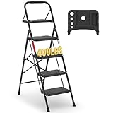BONTEC 4-Step Ladder, 400lbs Max Load, Folding Step Stool with Tool Tray, Anti-Slip Pedals, Sturdy Steel, Lightweight Portable Ladder with Handrail for Home & Work Use, Black