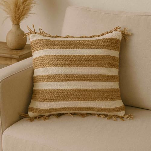 Coussin en jute et coton bohème chic beige multicolore pour décoration