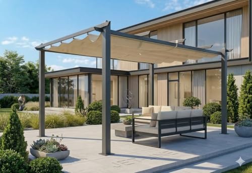 Jet-line Alu Pavillon Outdoor Luxor 4 x 3 m Pergola Überdachung Markise Garten Anthrazit-Beige Sonnenschutz UV Schutz Freisitz Stützen 10x10 cm Aluminium Polyester