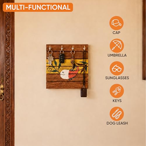 Image of AAKRITI ART CREATIONS Key Holder, Boga Hand Painted Wooden Key Holder with Bird Design | Rustic Akasia Wood Wall Organizer with 4 Hooks | Storage Shelf for Keys, Hats | Multifunctional Entryway Decor