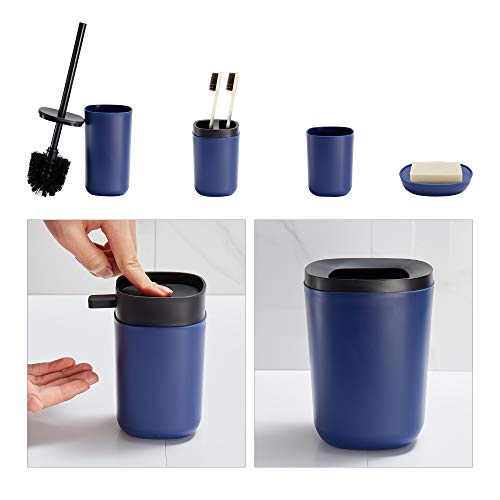 GERUIKE Bathroom Accessories Set 6 Piece Plastic Includes Soap Dispenser,Trash Can,Soap Dish,Toilet Brush Holder,Toothbrush Holder,Toothbrush Cup for Bathroom,Dark Blue