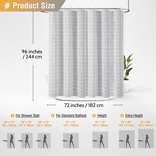 Image of BTTN Extra Long Shower Curtain - 72x96 Inch Long Boho Chic Linen Fabric Heavy Duty Shower Curtain Set with Hooks, Tall Bohemian Farmhouse Luxury Tassel Cloth Shower Curtains for Bathroom - Gray /Grey