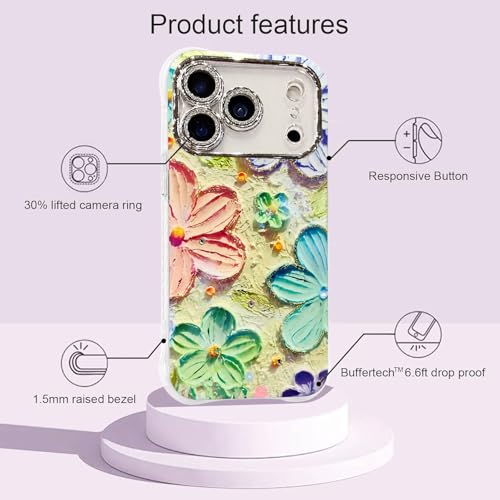 Image of Elzzi Compatible with iPhone 17 Pro Max Case Oil Painting Flower Colorful with Lens Prtotection Shockproof PC+TPU Glossy Back Cover for Girls Women, Pink