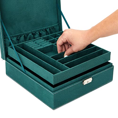 Green Velvet Jewelry Travel Case With Lock For Women, Men, Storage Box With 2 Layers For Earrings, Bracelets, Necklaces, Rings (10.5 X 10.5 X 3.5 In) #TOP3