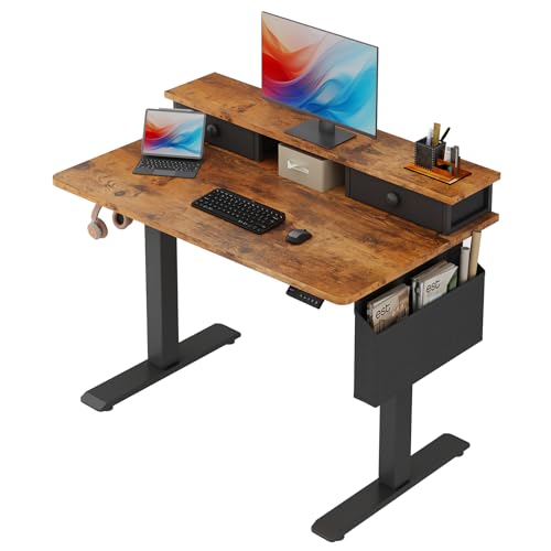 Electric Standing Desk Adjustable Height - 40 Inch Sit Stand Desk with Storage Drawers , Small Standing Desks with Shelf Monitor Stand, Kids Girls Computer Desks for Bedroom Home Office, Rustic Brown