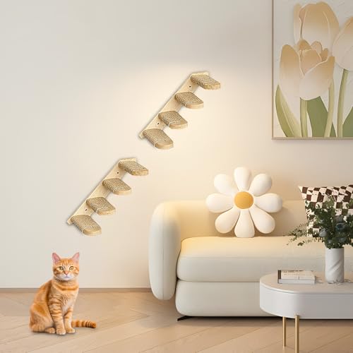 Lectorias Katzentreppe 4 Stufen, Katzenleiter mit Juteseil, Katzentreppe Wand, Katzenbretter für die Wand, Katzen Treppe, Katzentreppe Kletterwand Katze für Katze Klettern Spielen(Kann 20 kg Tragen)