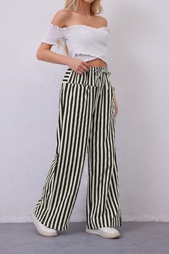 Image of MISSACTIVER Women Drawstring Striped Pants Loose Fit Wide Leg Trousers Casual Low Waist Pants Comfy Lounge Pants with Pockets Black White