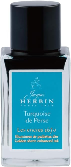 Jacques Herbin 16014JT Bottle 15 ml, Ink 1670 with Gold Shimmer, Ideal for Art and Calligraphy, Turquoise de Perse/Blue Turquoise, 1 Piece