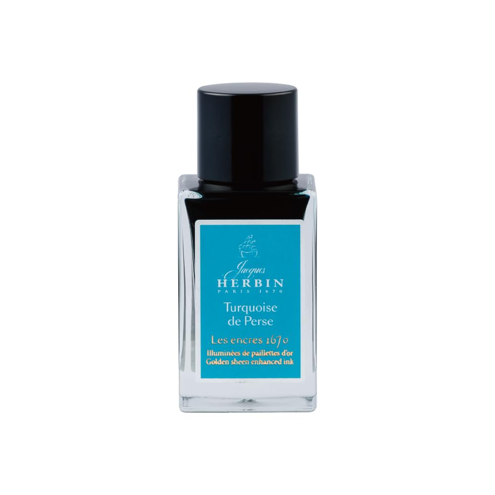 Jacques Herbin 16014JT - A Bottle of Gold Glitter Ink for Fountain Pen, Rollerball, Glass Nib and Penholder 15 ml, Turquoise de perse/Persian Turquoise