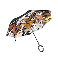 MRMIAN Cute Doodle Dog Print Animal Windproof Inverted Open Close Reverse Rain Umbrella Inside Out Quality Waterproof Parasol Upside Down Stick Shelter with Hook c Handle