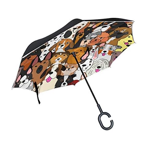 MRMIAN Cute Doodle Dog Print Animal Windproof Inverted Open Close Reverse Rain Umbrella Inside Out Quality Waterproof Parasol Upside Down Stick Shelter with Hook c Handle Cover