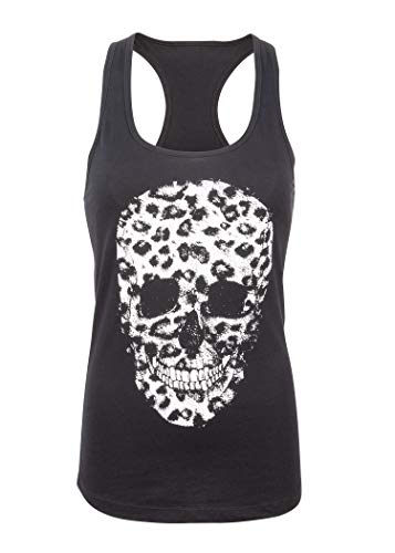 Schwarzes Damen Totenkopf mit Leopardenmuster Animal Print Skull Gothic Punk Tank Top T-Shirt - Gr. L Cover