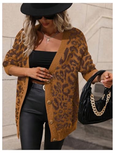 Image of SOLY HUX Women's Leopard Print Cardigan Sweaters Button Down V Neck Long Sleeve Fuzzy Cardigans