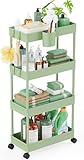 LEHOM Slim Rolling Storage Cart - 4 Tiers Bathroom Organizer Utility Cart Slide Out Storage Shelves Mobile Shelving Unit for Kitchen, Bedroom, Office, Laundry Room, Small Narrow Spaces（7.1' W+Green）