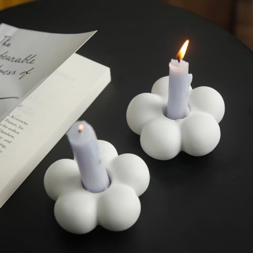 MDFAYE Cute Candle Holders, Ceramic Candlestick Holders for Table Centerpiece Flower Shape Home Decor Wedding Parties Living Room Set of 2 (White 2)