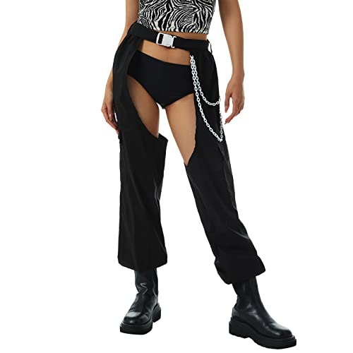 Sexy Buckle Bottomless Pants Women Hollow Out High Waist Rave Chaps Hiphop Rock Crotch Pants Belted Cargo Trousers