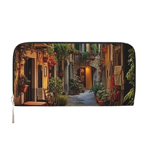 Italian Old Street print Leather Wallet for Women Men,Women's Leather Clutch Wallet with Zip,Large Capacity