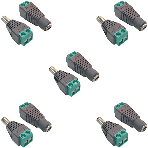 DIYables DC Power Jack Plug Adapter Connector for LED Strip, DC Motor, Stepper Motor, CCTV Camera, 2.1 x 5.5mm Male Female 5 Pairs