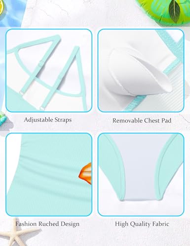 Image of AGAPENG Girls Swimsuit One Piece Ruched Solid Color Bathing Suit for Girls Ribbed Adjustable Straps Pad Swimwear 9-16Y