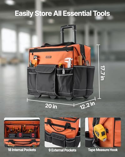 Image of VEVOR 20 inch Rolling Tool Bag, 110 lbs Load Capacity, 27 Pockets Heavy Duty Roller Tool Bag on Wheels, Adjustable Telescoping Handle & Stable Base, Toolbag Organizers w /Wheels for Construction, Mechanic