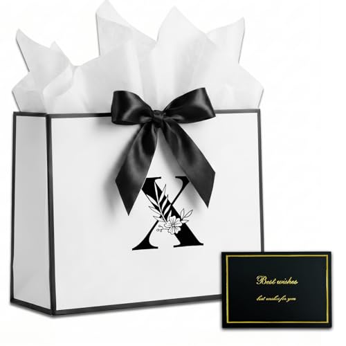 Alphabet Birthday Gift Bag, Initial Gift Bag with Card and Tissue Paper for Men Women, Large Black White Personalized Bow Bags for Bridal Party, Wedding, Graduation, Birthday Gifts Bags (Letter X)