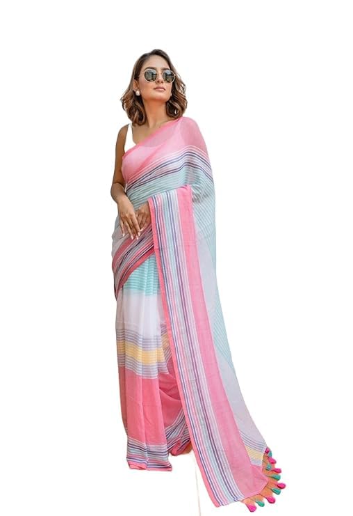 Image of RAJESHWAR FASHION WITH RF Women's Lime Green Floral Print Linen Cotton Saree with Contrast Pallu, Tassel Border, Traditional Summer Festive with Blouse Piece