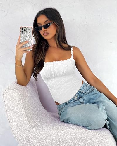Saslax Women's Sexy Square Neck Lace Sleeveless Bodysuit Tank Tops Double Lined Body Suit Thong Outfits
