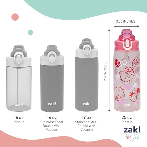 Zak Designs Sanrio Sage Water Bottle For School or Travel, 25oz Durable Plastic Water Bottle With Straw, Handle, and Leak-Proof, Pop-Up Spout Cover (Hello Kitty)