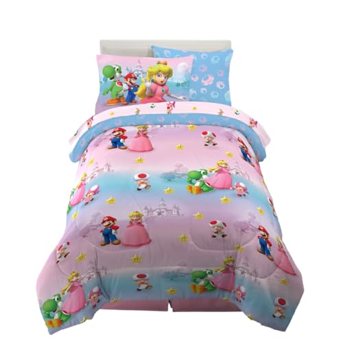 Super Mario Girl Princess Peach Girl Gamer Kids Bedding Super Soft & Cozy Reversible Microfiber Comforter and Sheet Set with Sham 5 Piece Twin Size (Officially Licensed Product) By Franco