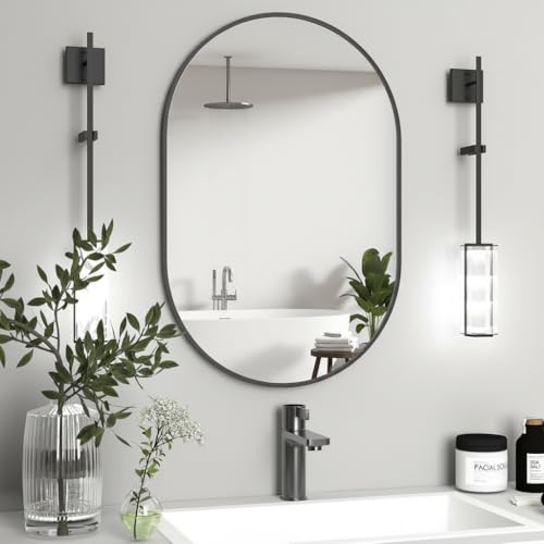 Image of Oval Wall Mirror with Durable Wooden Frame - 24 inchx16 inch (Black) | Modern Decorative Wall Hanging Mirror for Bathroom, Basin, Bedroom, Hostel Room Living Room, Dressing Table