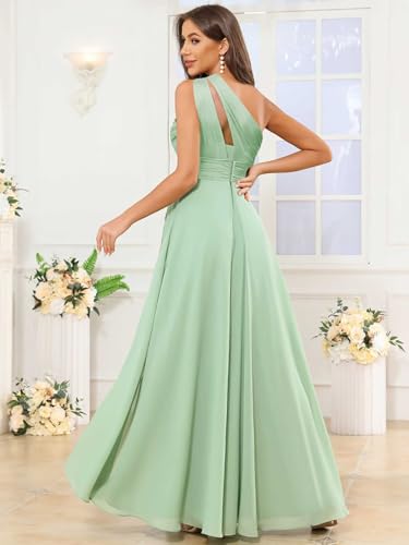 GUKARLEED Women’s Long One Shoulder Bridesmaid Dresses Ruffles Floral Chiffon A-line Wedding Guest Formal Dress with Slit3