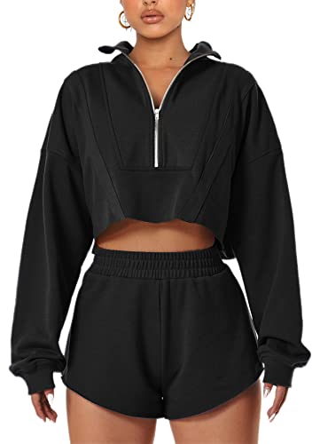Navneet Mujer Sudadera sin Capucha Cortada Deportiva Media Cremallera Solapa de Manga Larga Hoodie Pullover Top Casual Negro M Cover