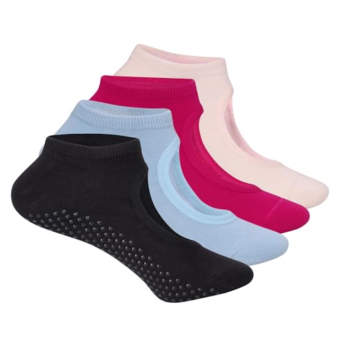 Image of Mint & Oak Women Non-Slip Pilates Socks with Grips Ankle Length Pack of 4 | Silicone Cotton Pilates Socks | Ideal For Yoga, Pilates, Gym, Workout, Barre, Aeriel | Cute Women's Gift | Free Size