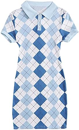SOLY HUX Girl's Argyle Print Short Sleeve Collar Button Front Bodycon Dress White Blue 10-11Y