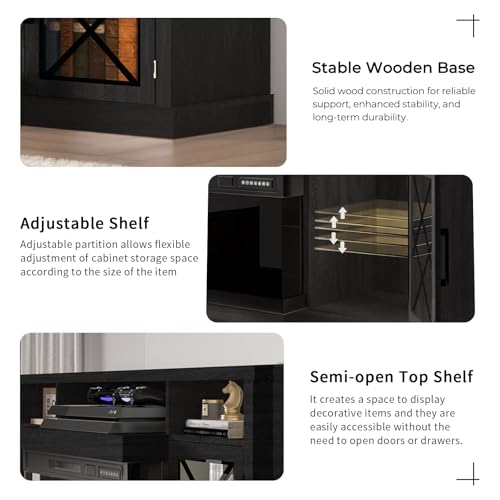 Image of BREEZEHEAT Fireplace TV Stand for TVs up to 75 inch, 3-Sided Electric Entertainment Center with 30 inch LED Fireplace, Media Console w /Storage Cabinet & Glass Doors, 65Inch, Black