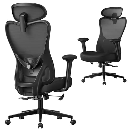 SONGMICS Chaise de Bureau Ergonomique, Fauteuil de Bureau, Appui-Tête et Soutien Lombaire Réglables, Supporte Jusqu’à 150 kg, Hauteur Réglable, Noir d'encre OBN066BH01