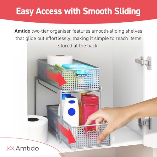 Amtido 2-Tier Sliding Basket Cupboard Organiser – Metal Kitchen Storage & Organisation Pull Out Cabinet Organiser for Bathroom, Office, Bedroom and Pantry - Under Sink Storage in Silver Finish