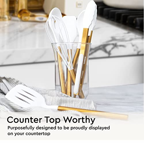 Image of White Silicone and Gold Cooking Utensils for Modern Cooking and Serving, Stainless Steel Gold Serving Utensils - Spatulas for Non Stick Cookware