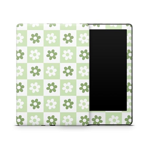 ZOOMHITSKINS Glitter Kindle Skin Compatible with Kindle Paperwhite Gen 11 (2021), Daisy Cute Checkered Green White Vintage Flowers Elegant, Easy Bubble-Free 3M Vinyl Decal, Made in The USA