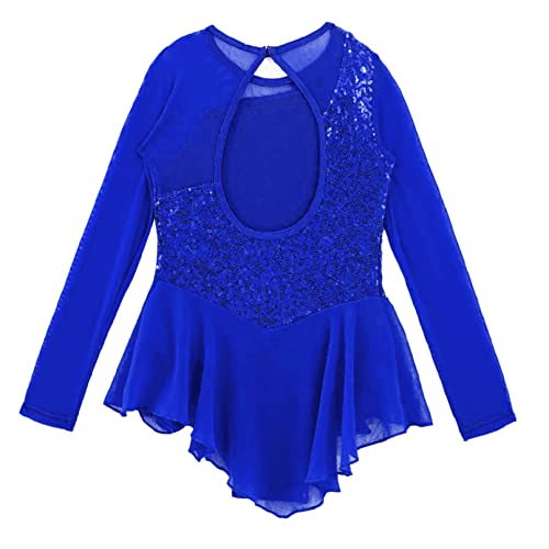 Linjinx Kids Girls Sparkly Sequins Figure Ice Skating Dress Floral Long Sleeve Cutout Back Gymnastic Leotard Tutu Dress Royal Blue 8 Years #TOP3
