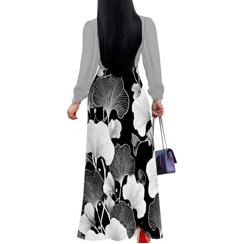 Image of Women's Plus Size Maxi Dresses Long Sleeves V Neck Floral Print Bohemian Swing Long Dress with Belt