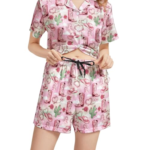 Image of Funny Satin Pajamas Set for Women Button Down Sleepwear Print Pjs Set 2 Piece Short Sleeve Loungewear Gift for Women