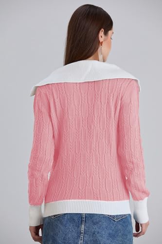Image of Sweaters for Women Fashion Long Sleeve Lapel Collar V Neck Casual Knit Color Block Pullover Sweater