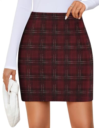 ZESICA Plaid Mini Skirt for Women 2025 Fall Winter High Waist A Line Bodycon Pencil Skirts Trendy,Wine,X-Large
