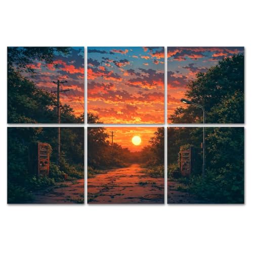 6 Paneles Acústicos Artísticos Pack Sunset Overgrown Road Greenery Líneas Eléctricas Verde Absorbentes de Sonido Auto adhesivos para Estudios de Grabación en Casa 72"x48" miniatura 1