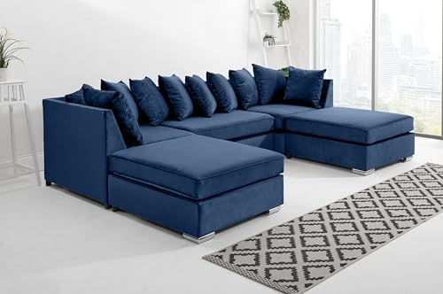 Luxury Blue Plush Velvet Lux U-Shaped Sofa - Modern Corner Sofa for Living Room - Comfortable Couch with Foam Cushions - With Scatterback Cushions - 6 Seater Sofabed (Blue)