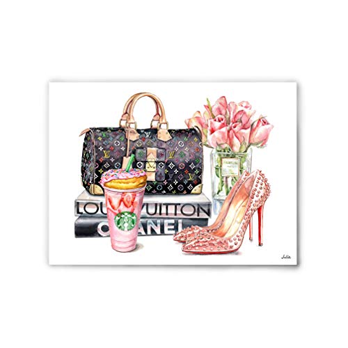 Handbag Coffee Artwotk Glam Fashion Wall Decor Handbag Shoes Artwork Fashion Flower Artwork Fashion Painting Visual Art Fashion Artwork Fashion Watercolor Painting (NO FRAME, NO CANVAS) 8"x10"