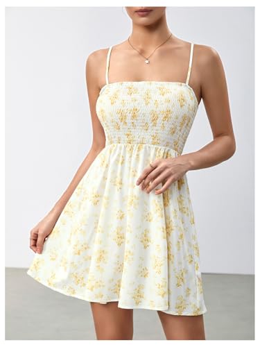 Image of Floerns Women's Boho Floral Print Sleeveless Sundress Ruched Bust Flare Hem Vacation Cami Short Dress